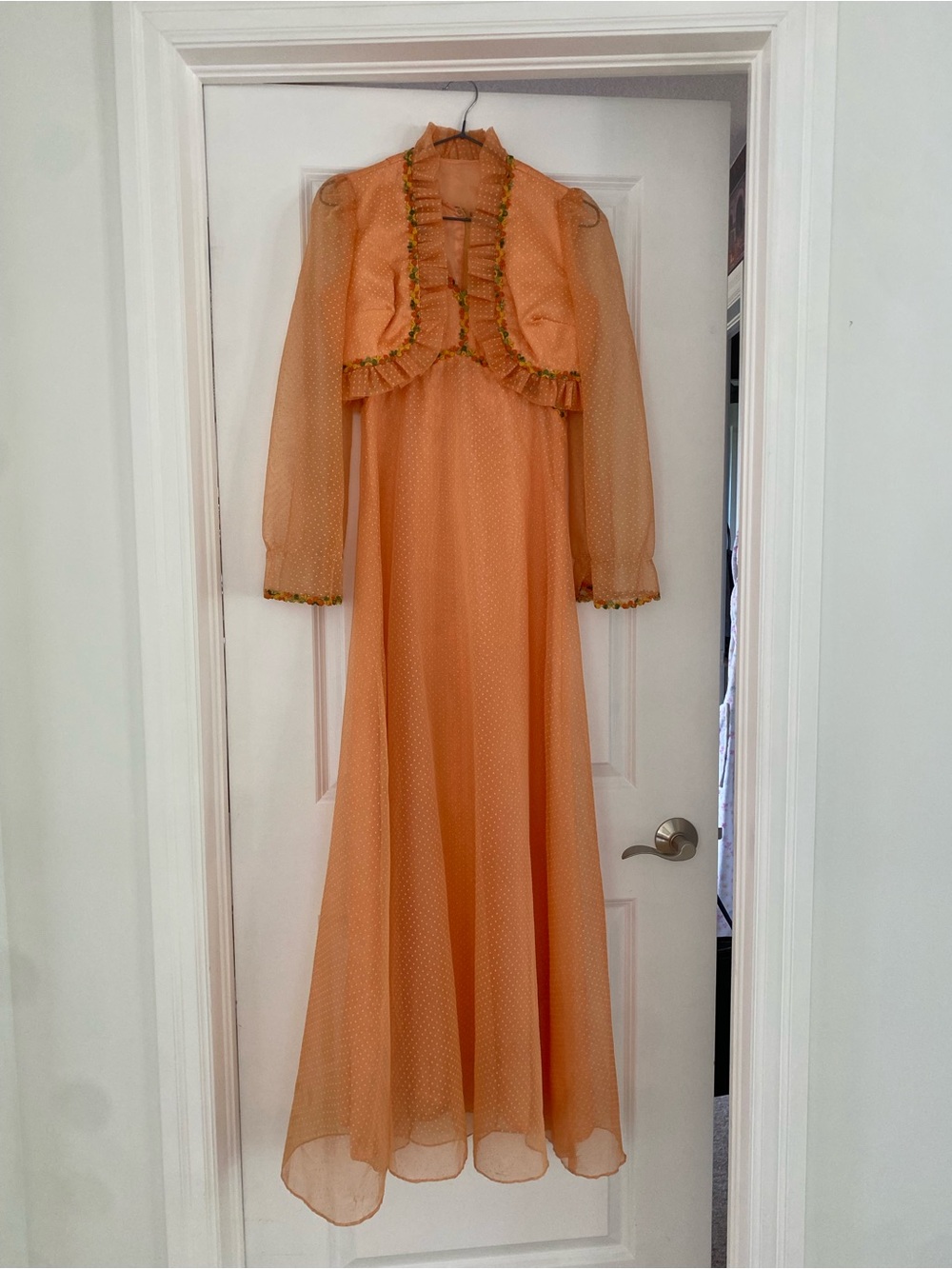 Vintage 1970s Peach Polka Dot Prom Dress & Jacket Set | Floor Length Small